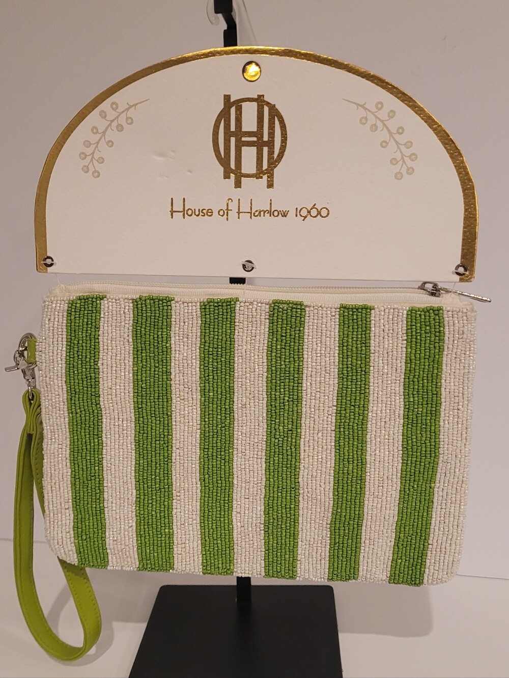 House of Harlow 1960 Beaded Green and Cream Striped Wristlet Clutch
